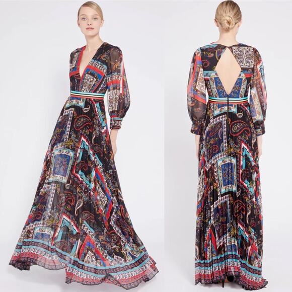 Alice + Olivia Cheney Slit Sleeve Pleated Maxi Dress in Royalty Paisley Size 0 - Picture 1 of 9
